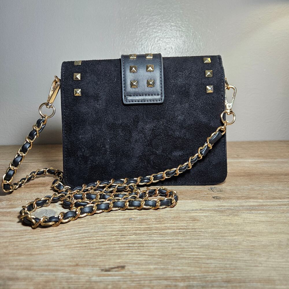 MW Black Suede/Leather Studded Crossbody- Gold Hardware Edginess Goth Biker Emo - Picture 4 of 8